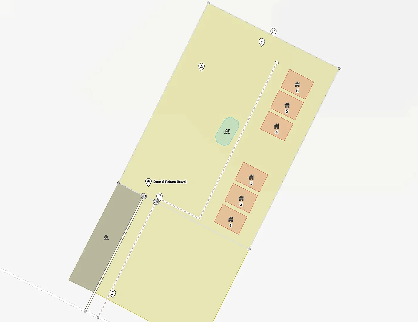 Plan der Ferienanlage RELAXO Rewal mit Hausnummern und Parkplatz